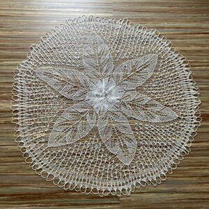 Hand Knit Lace Flower Star Round Tablecloth Vintage White Delicate Doily 42"